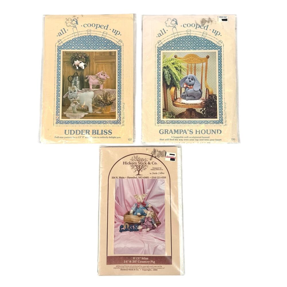 NEW Vintage Animal Sewing Patterns Cow Pig Dog All Cooped Up Hickory Stick & Co